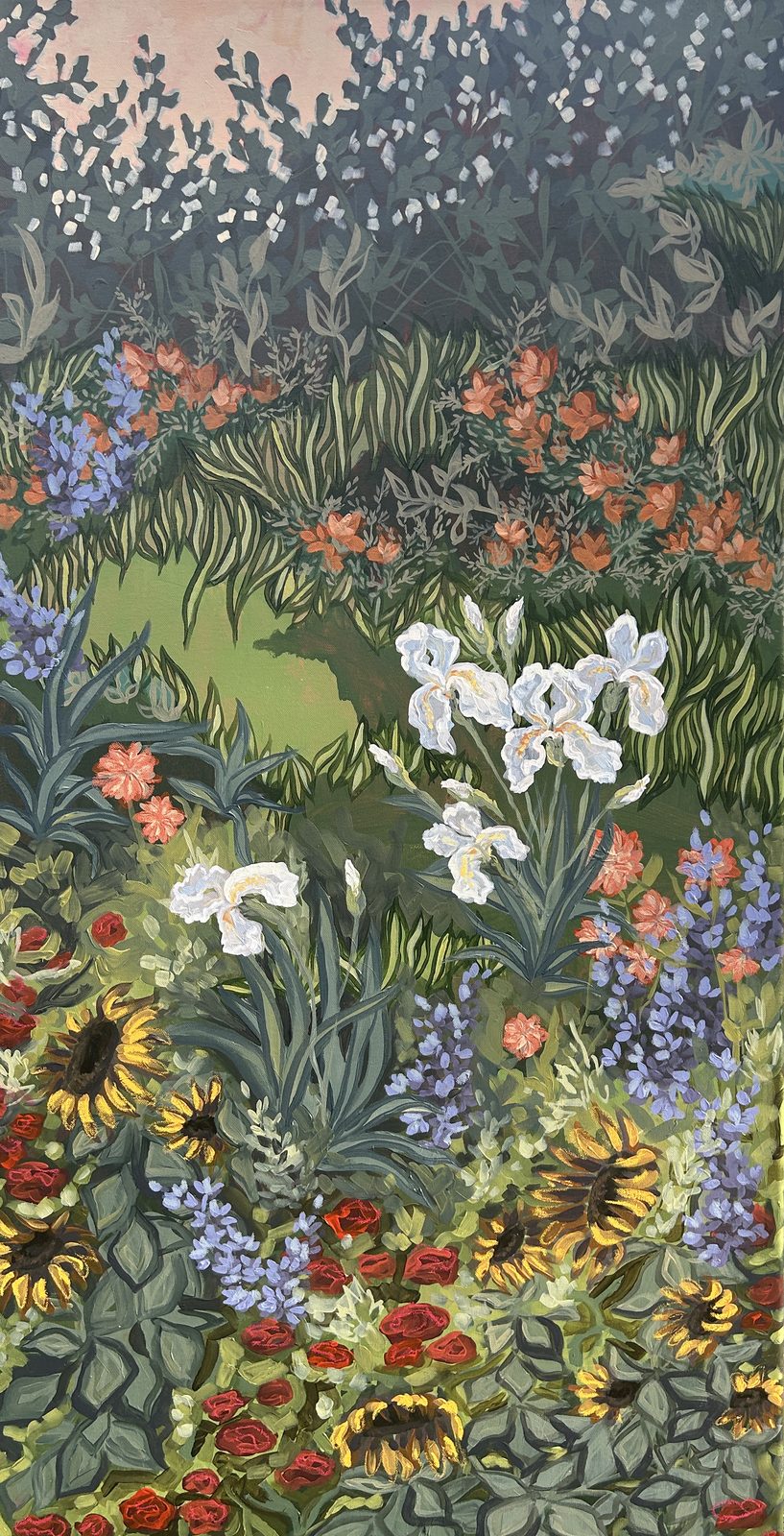 Tall garden scene with white irises, sunflowers, red roses and blue lupine