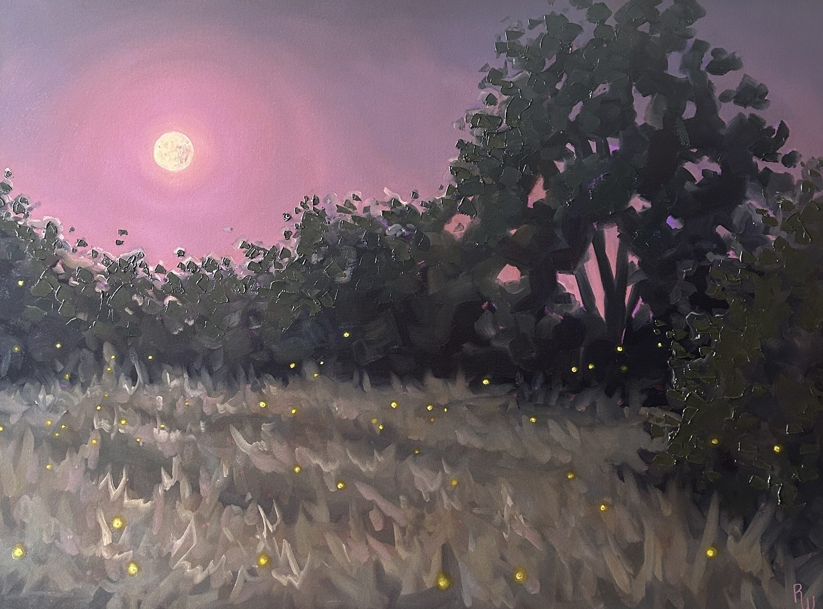 Moonlit field with fireflies